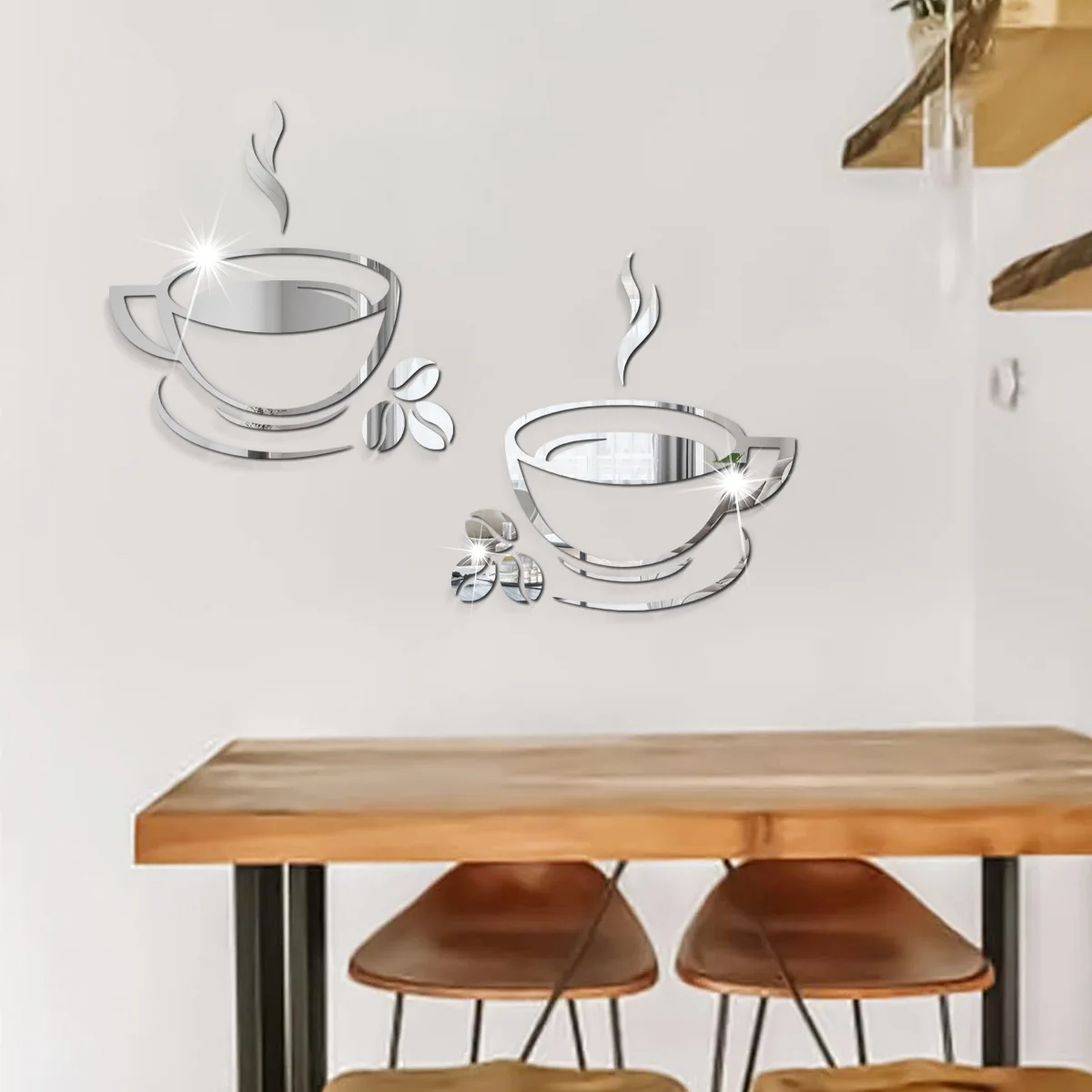 2Pcs Acrylic Coffee Cup Decoration Mirror Wall Stickers Diy Self Adhesive Restaurant Bar Decoration Wall Stickers