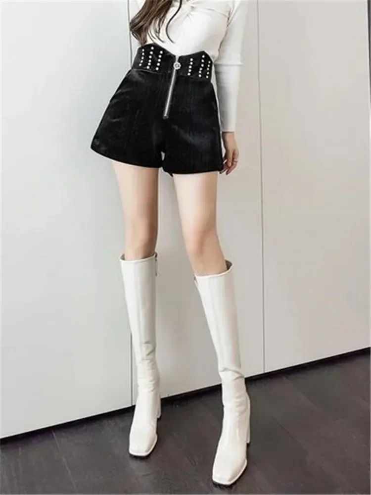 Winter Velvet Shorts Women Shiny Rhinestone Shorts Irregular High Waist Front Zipper Short Trouser Women Black Plus Size Shorts