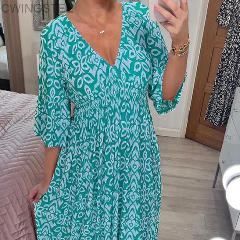 

Summer Elastic Waist Long Dress 2023 Casual V-neck Short Sleeve Loose Party Dress Women Pattern Printed Bohemian Beach Dress