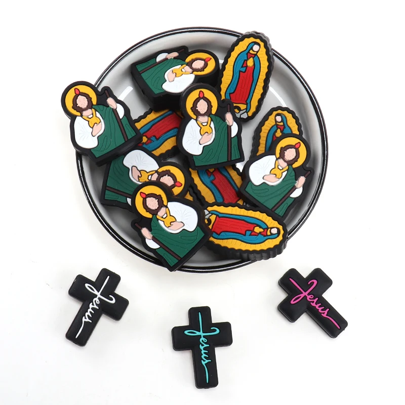 126PCS Silicone Cross Focal Beads Jesus Silicone Round Bead 15mm Cross For DIY Keychain Jewelry Making Necklace Lanyards Craft