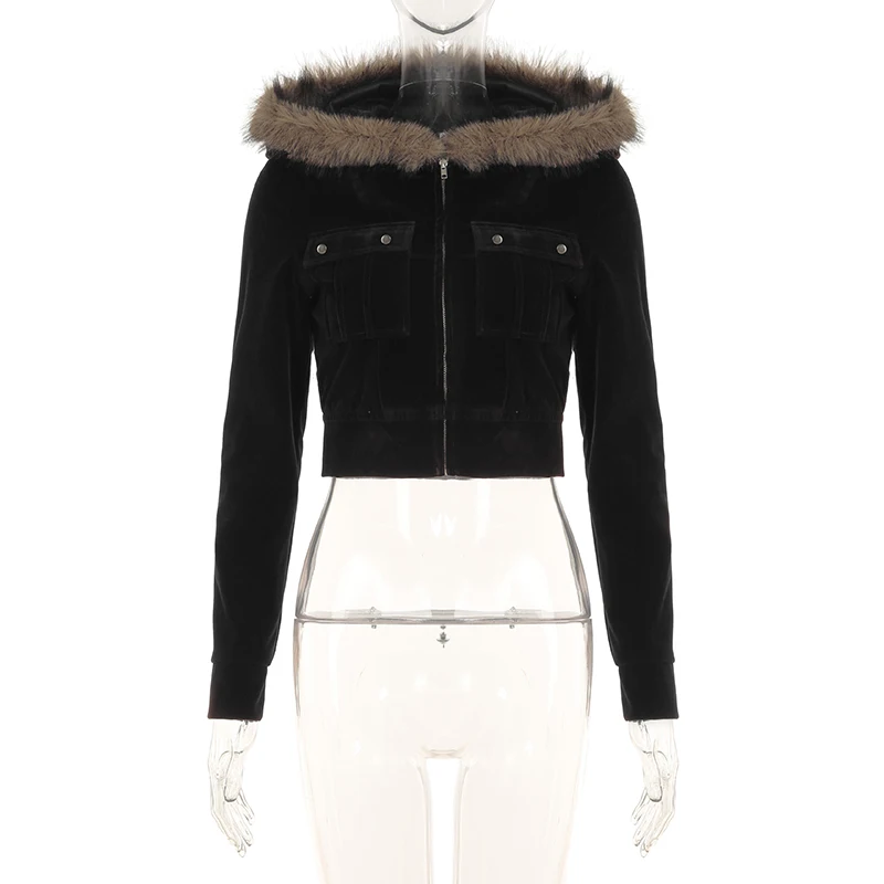 Description Picture 6 of itemCIBBAR y2k Furry Stitching Hooded Hoodies Vintage 2000s Zip-up Cropped Jackets Women Casual Autumn Outwears Korean Fashion Coats