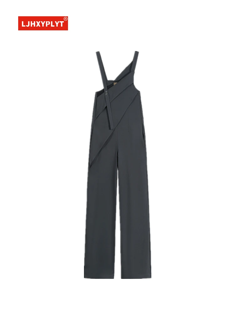 Women's Dark Gray Irregular Suit Suspenders Jumpsuit Summer Commuter Design High Waist Loose Thin Simple Trousers Female boozrey spring women s new sexy fishnet perspective hollow out high waist tight trousers suit female jumpsuit outfits