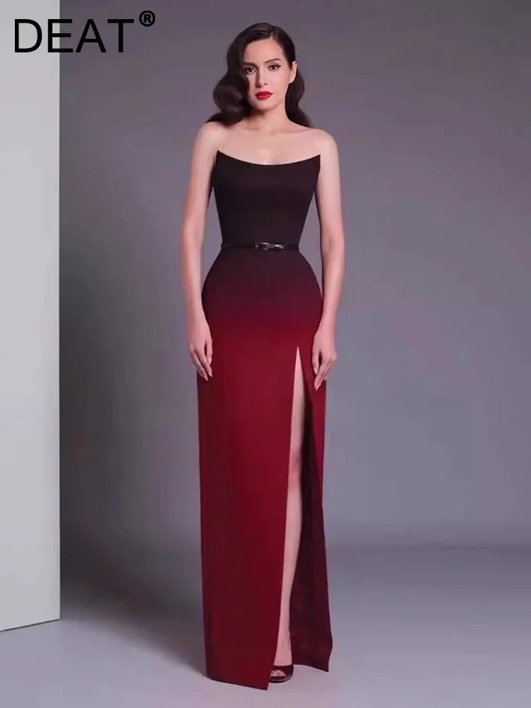 

DEAT Women's Fashion Evening Dress Strapless High Waist Side Split Gradient Color Elegant Party Dresses 2024 Summer New 35Z409