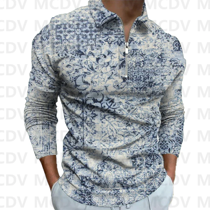 

Retro Pattern Print Men's Long Sleeve Zipper Polo Shirt 3D Printed Polo Long Sleeve T Shirt Casual Tops