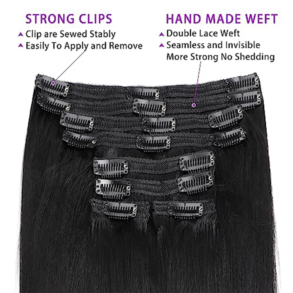 Yaki Straight Clip in Hair Extensions For Women 100% Human Hair Clip Ins Yaki Straight Clip on Hair 8pcs Per Set 120G