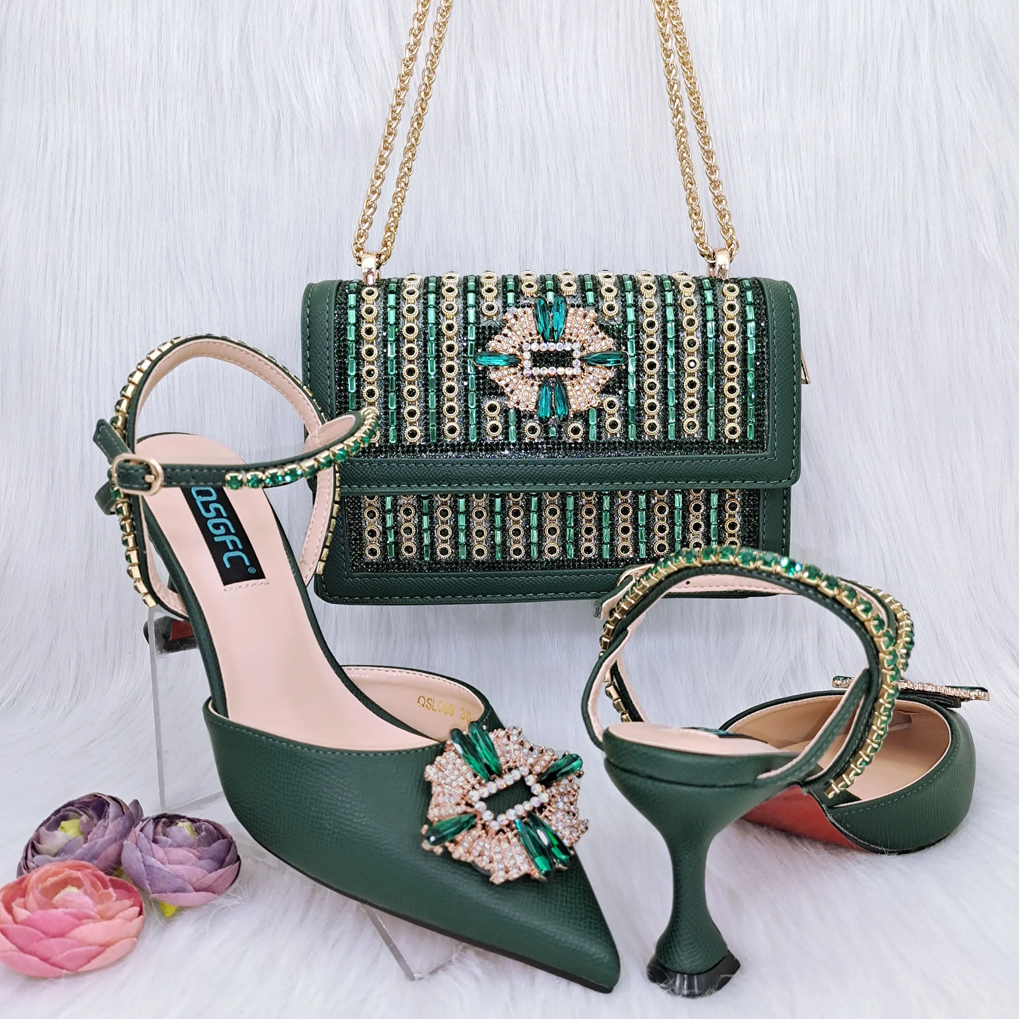 

Doershow New Arrival African Wedding Shoes and Bag Set green Italian Shoes with Matching Bags Nigerian lady party! HGG1-18