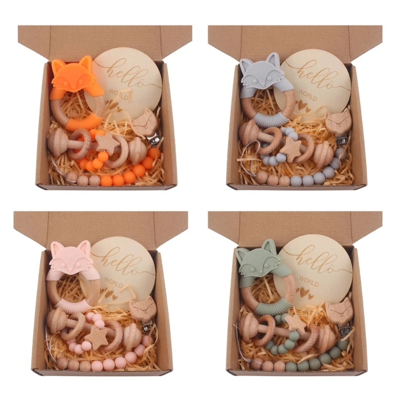 

1pc Baby Pacifier Chain Beech Wood Clip Teething Chain Silicone Teether Toy Set