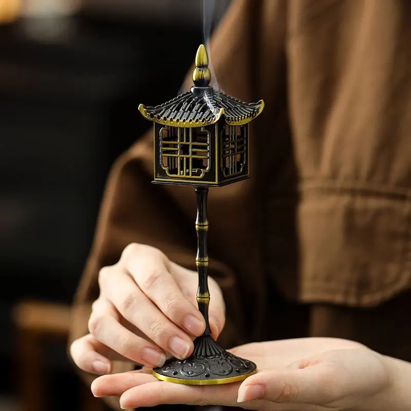 Creative High Foot Aromatherapy Furnace, Home Indoor Zen Tea Ceremony Desktop Decoration Chinese style Alloy Incense Burner, 1Pc