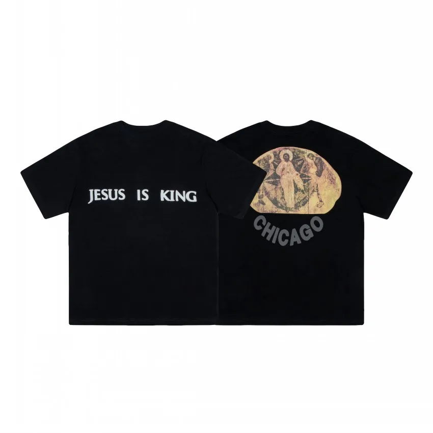 Summer Short Sleeve Loose Men Women Three Gods Oil Painting Casual Top Tees T-shirt CPFM Kanye West Jesus Is King T Shirt |