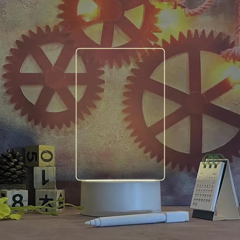 USB 따뜻한 노란색 빛 + 빛 시트 + 펜 Ins 투명 발광 아크릴 메모장 지울 수 있는 메시지 작은 화이트 보드, 1 개