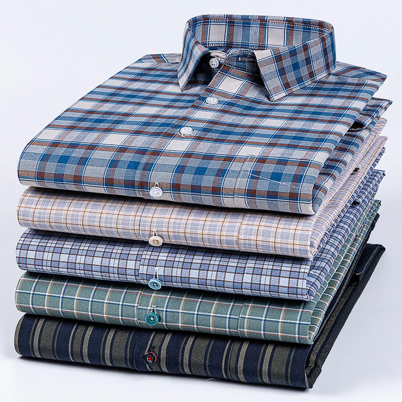 Men's Plus Size Long-Sleeve 100% Cotton Slim Fit Formal Shirt - Soft Plaid and Striped Design