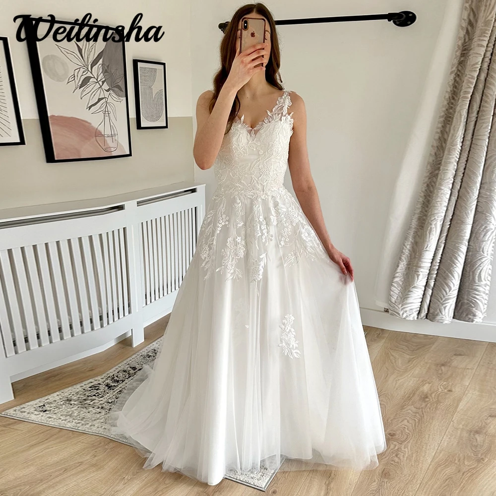 

Charming A Line Wedding Dresses Civil 2024 Elegant V Neck Appliques Sleeveless Tulle Bridal Button Back