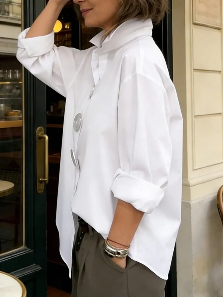 Yeezzi Women's Cotton White Buttoned Shirt 2026 New Elegant Loose Lapel Blouse Casual Long Sleeves Office Tops For Ladies 4