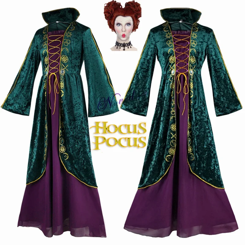 Halloween Hocus Pocus Winifred Sanderson Cosplay Costume Parrucca Vintage Gothic Dress Red Queen Costume Medievale Per Donne Ragazze