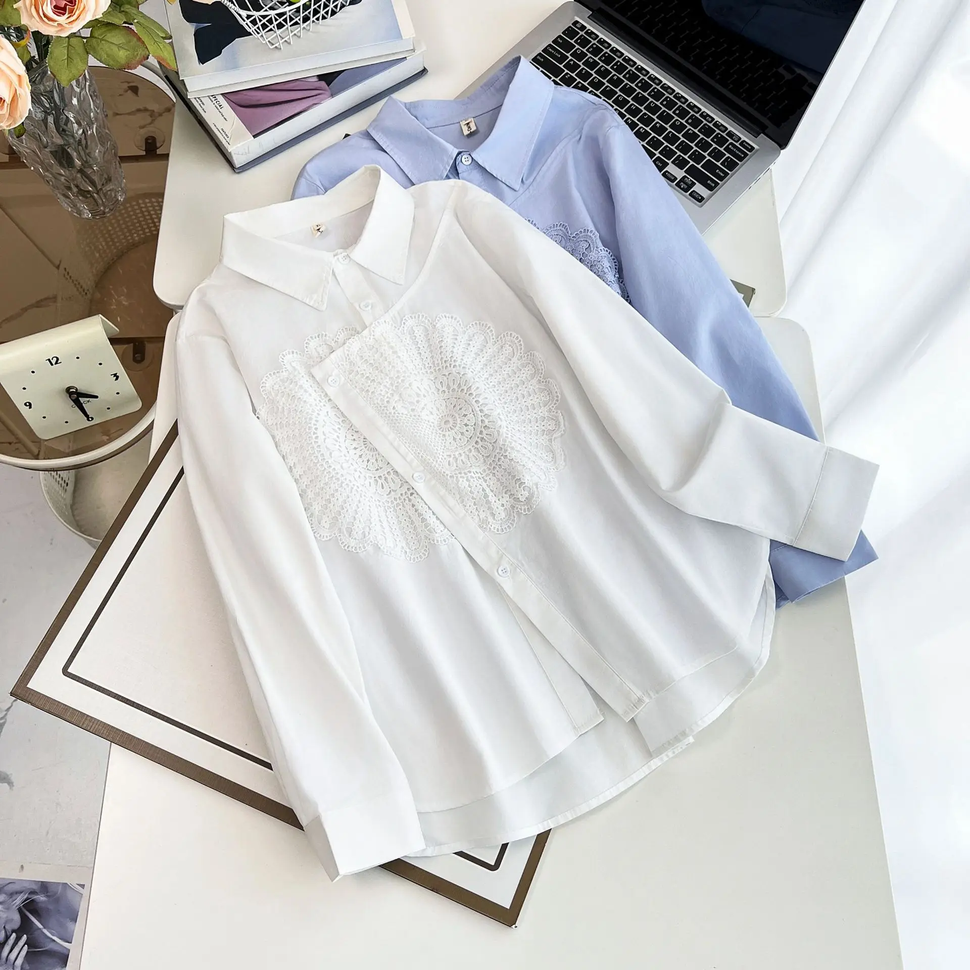 Spring Plus Size Women's Blouses New Design Lace Flower Long Sleeved Cotton Shirt 100kg Casual Tops 6177