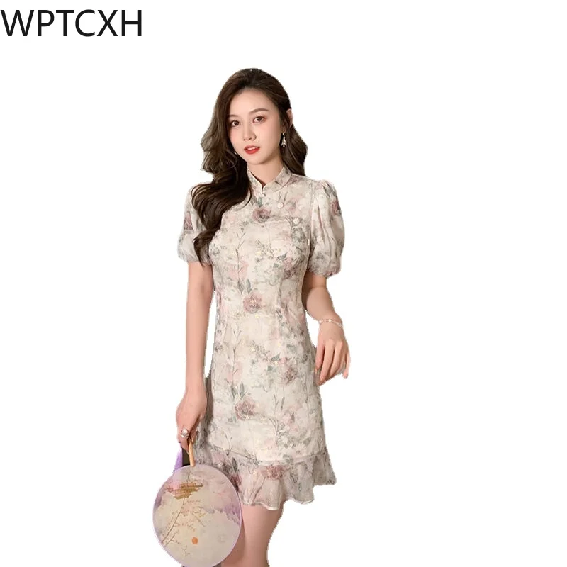 

2024 NewChinese Dress Short Puff Sleeve Floral Retro Style Stand Neck Chinese Traditional Dress Qipao Cheongsam Sexy Qipao Dress