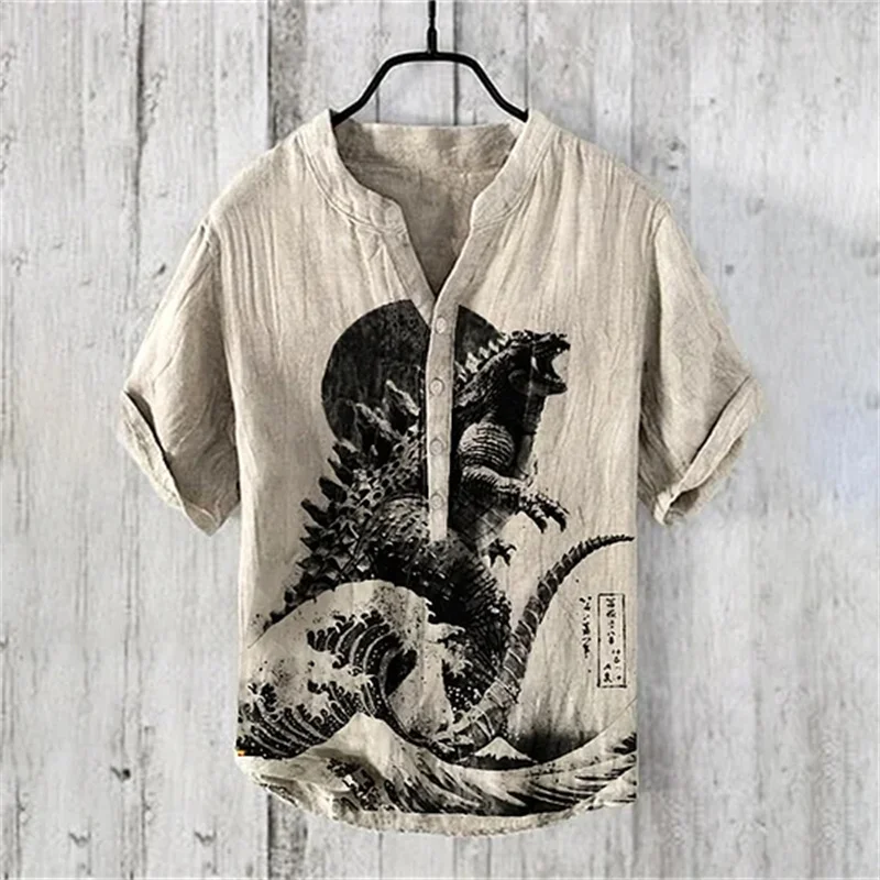 Brave men's casual shirt loose linen blend short sleeved V-neck top, summer new handsome shirt 3
