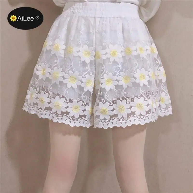 Women Summer High Waist Shorts Lace Crochet Embroidery Wigh Leg Shorts Lolita Loose 2 Layers Underskirt Safety White Shorts