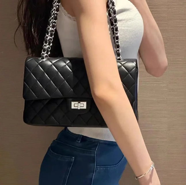 Damen Stepptasche Aus Lammleder Mit Kette Umhängetasche_voghion.com