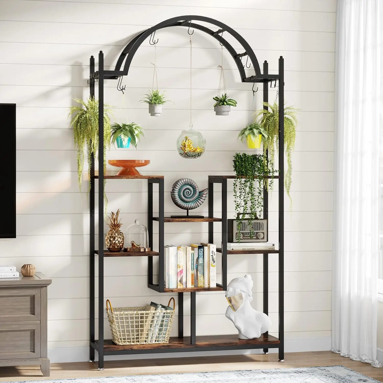 5-Tier Tall Indoor Plant Stand, 74.8'' Arched Metal Flower Shelf with Hanging Hooks, Large Bonsai Pots Display Rack for Indoor,