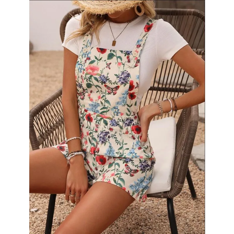Floral Pattern Overall Jumpsuit, Casual Button Overall Jumpsuit For Spring & Summer, Women's Clothing