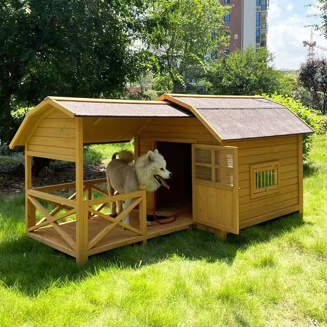 Caseta de perro de lujo para exteriores, patio de madera maciza, protector  solar grande a prueba