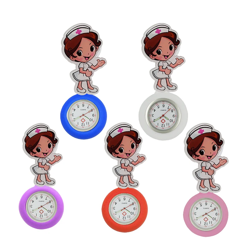 

YiJia 10pc Wholesale Lovel Cartoon Nurse Pocket Watch with Rubber Case Luminous Needl Medical Retractable Badge Reel Reloj