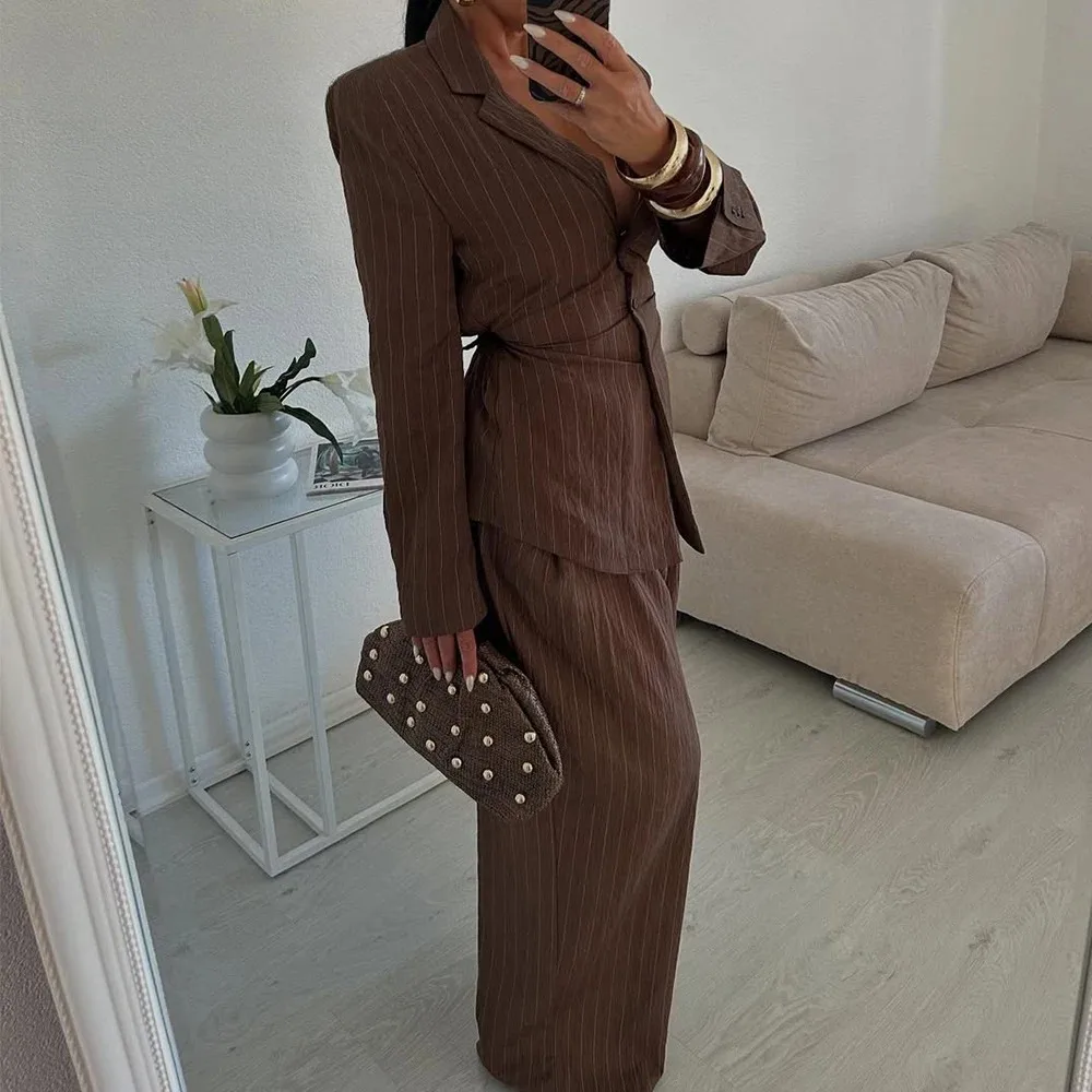 KONDALA Chic Stipe Fashion 2025 Office Lady Woman Suits Lace Button Sashes Blazer+Zipper Folds Pockets Pants Elegant Female Sets 3