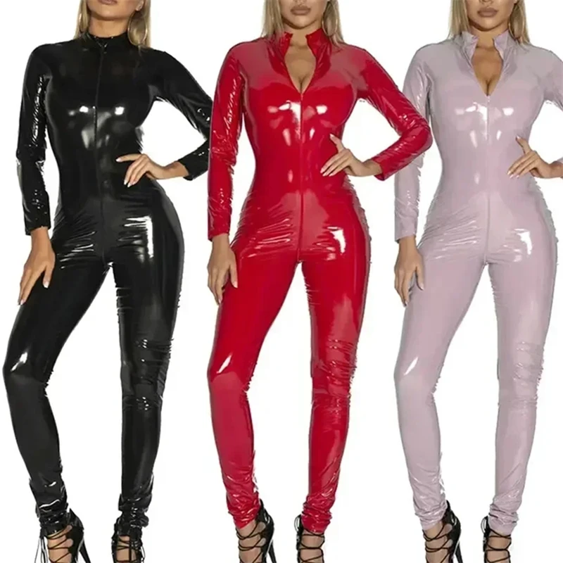 Sexy Shiny Patent Latex Bodysuit Women Sexy Latex Catsuit Black Wetlook Full Bodysuit PVC Jumpsuit Clubwear Faux Leather Costume