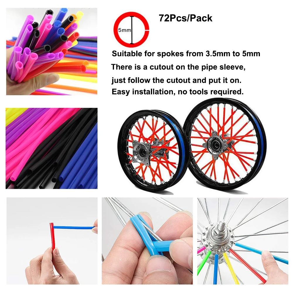 Motorcycle Wheel Spoke Wrap 72Pcs Motorcycle Wheel Spoked Protector Wraps Rims Skin Trim Covers Pipe For Motocross Bicycle Bike Cool Accessories 17cm