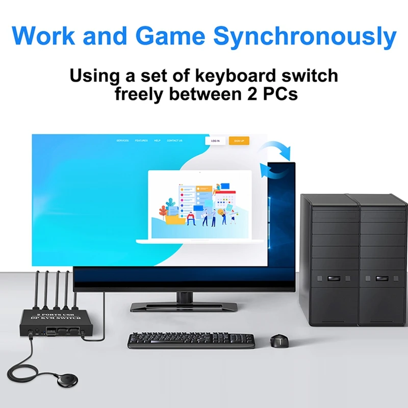 노트북 공유 키보드 마우스용 2 in 1 Out 스위치, 2 포트, 8K @ 30Hz Displayport1.2 스위치, 2 in 1 Out, 3 USB2.0 포트, 2 PC