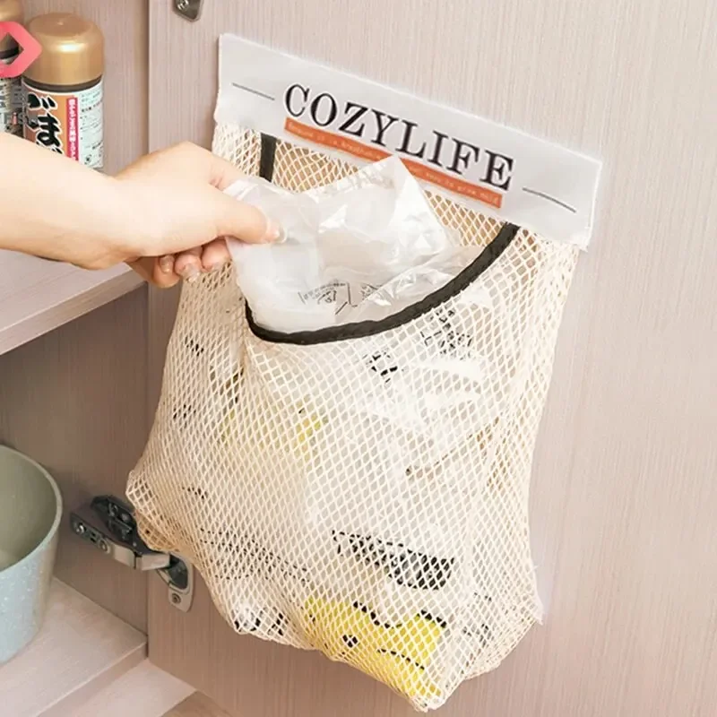 

Kitchen Garbage Bag Organiser Free Wall Mounted Large Capacity Storage Bag Plastic Bag Storage Velcro Mesh Pocket Storage Tool