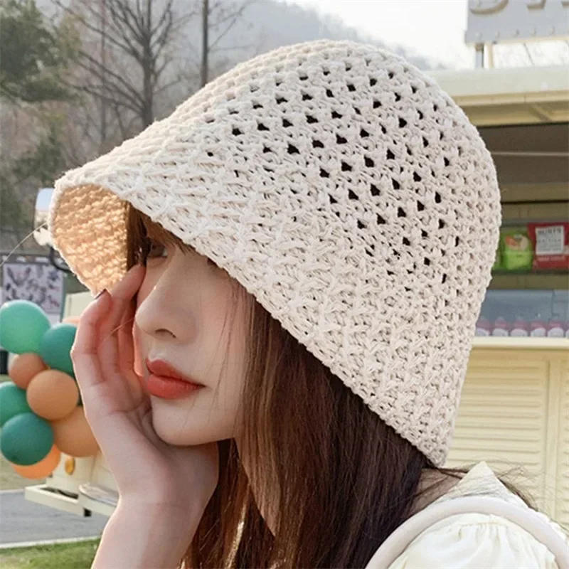 Women Bucket Hat Designer Wide Brim Summer Straw Woven Sun Visor Hats Hollow Striped BeachHat