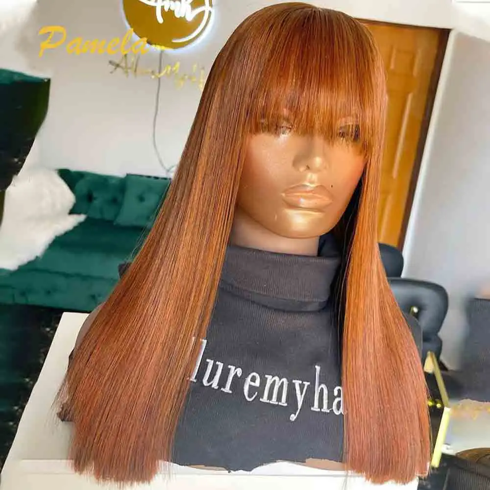 

250% Density GInger Orange Bone Straight 13x4 Transparent Lace Front Human Hair Glueless Wig Ready To Go With Bang For Women