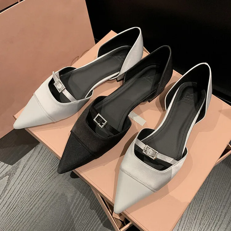 

2023Luxury Grey Women Shallow Flats Crystal Buckle Strap Espadrilles Sexy Pointed Toe Black Moccasins Femmes Lady Prom Creepers