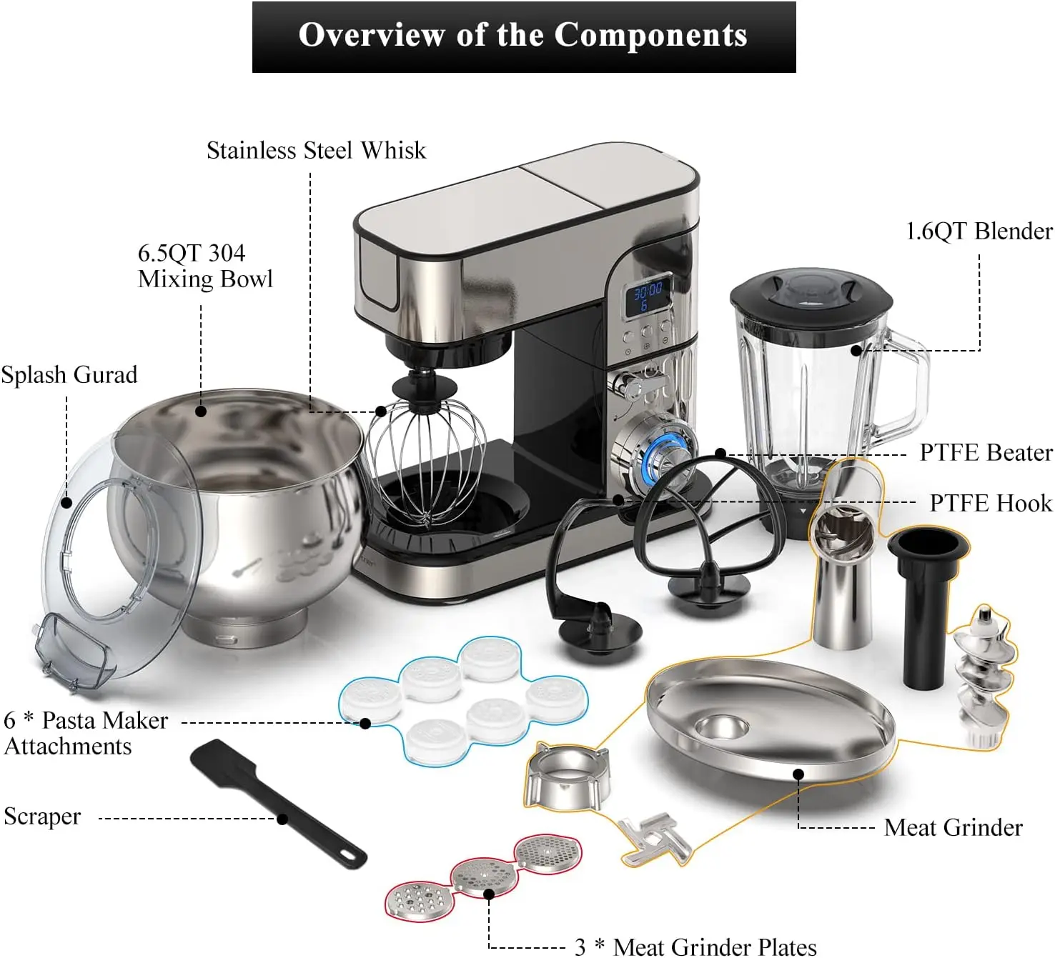 Stand Mixer, LCD Display Kitchen Electric Mixer, 6.5QT Stainless Steel Bowl Multi-Function Kitchen Mixer With Dough Hook,