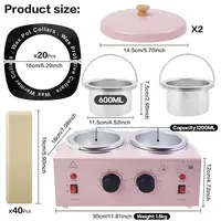 Portable Wax Warmer, Adjustable Temperature, 40 Wax Sticks, Hair Removal, Pink, Double Pots 2