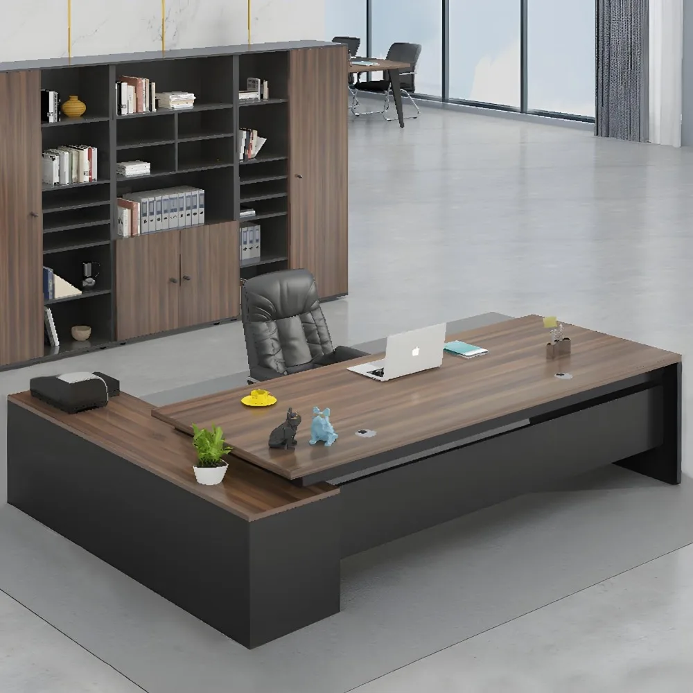 Office Desk with Wood Base, Executive Desks with Drawers and Storage Shelves, Without Chairs, Easy-to-use, Boss Table, 55.1"