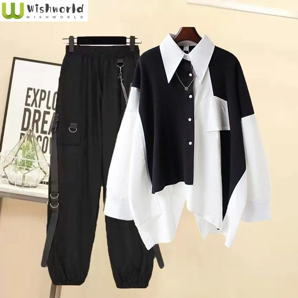 new men s fashion suit sports casual overalls and jacket two piece set Loose Punk Style Patchwork Shirt Chain Decorative Overalls Two-piece Fashion Women's Pants Suit Street Sports Suit Outfits