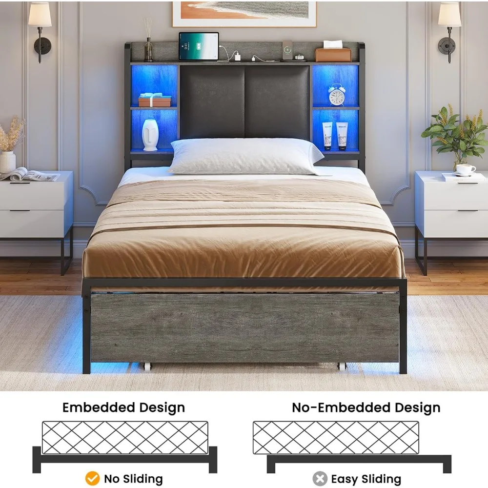 Twin Bed Frames with Headboard and 2 Storage Drawers, Twin Bed Frame with Charging Station and Led Lights,No Box Spring Needed 6
