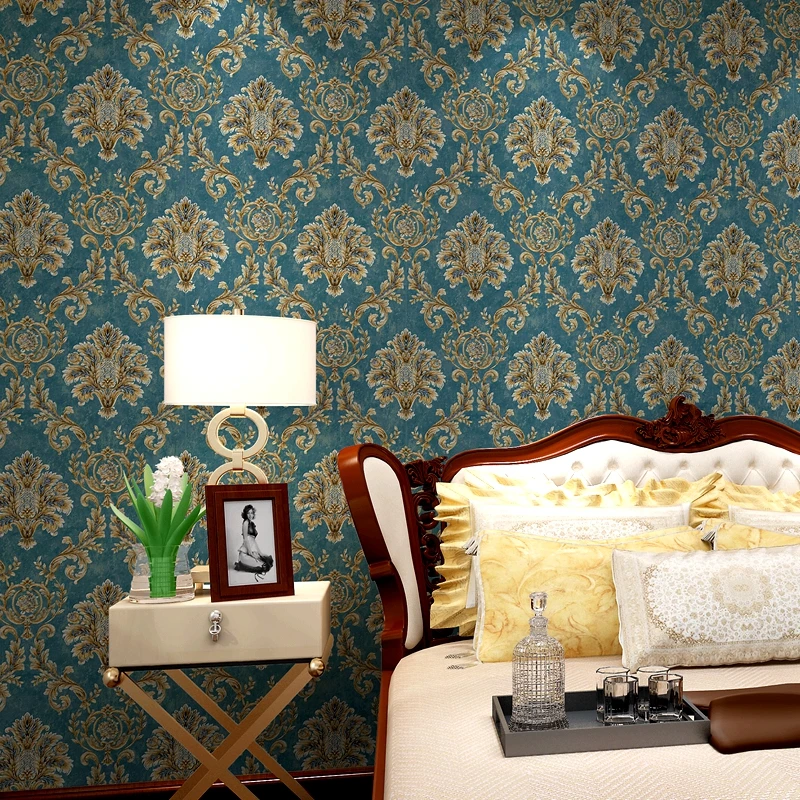 

Dark Blue European Embossed Damask Wallpaper Roll Bedroom TV Background Luxury 3D Damascus Pearl Powder Wallpaper Wallcoverings