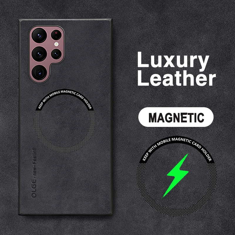 Magnetic Leather Case with Wireless Charging - Luxury Soft Cover
