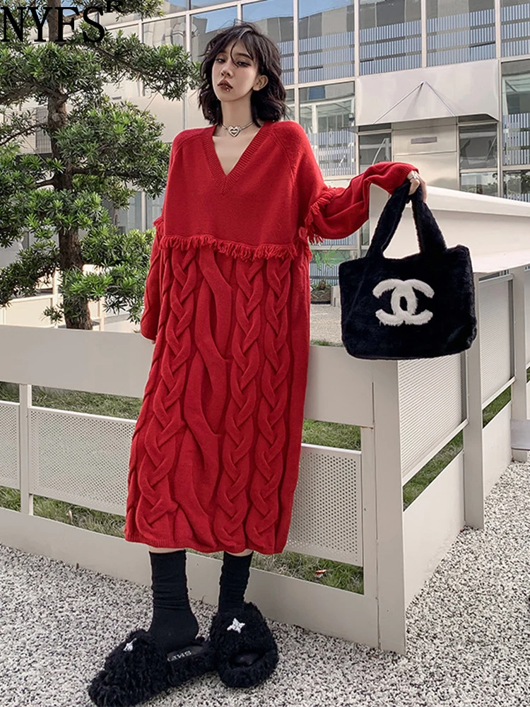 

2023 Autumn Winter New Korean Oversize Long Woman Dress Loose Plus Size Thick V-neck Twist-knitted Sweater Dresses For Women