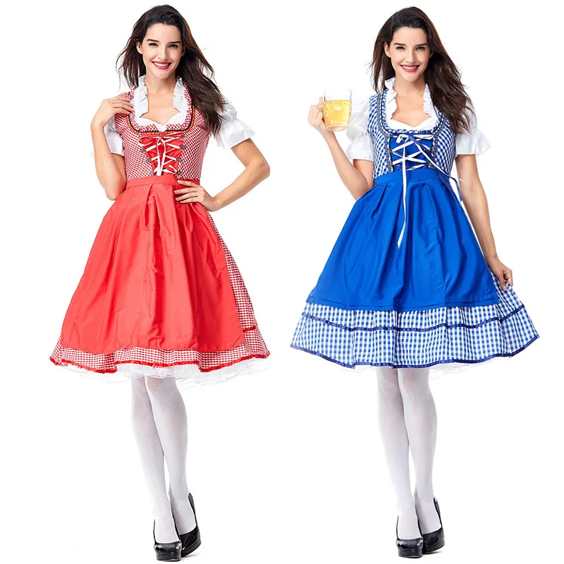 

Women Red Blue Bavaria Beer Maid Costume Okotberfest Dirndl Beer Party Festival Carnival Halloween Fancy Dress