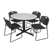Maple Finish Round Breakroom Table Set with 4 Black Zeng Stack Chairs Thermal Fused Melamine Top X-Base Antimicrobial 124lbs 1