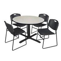Maple Finish Round Breakroom Table Set with 4 Black Zeng Stack Chairs Thermal Fused Melamine Top X-Base Antimicrobial 124lbs 1