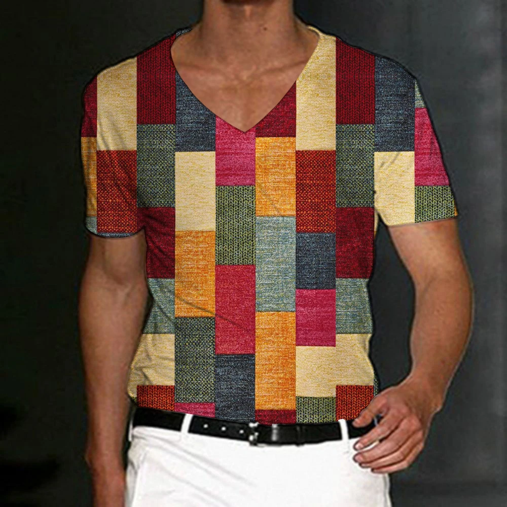 

Vintage For Men T-shirt 3d Patchwork Print T Shirt Oversized Casual Short Sleeved Summer Streetwear Man Clothing V-neck Tees Top