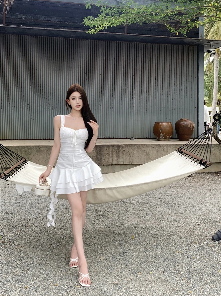 Summer New Holiday Beach Style Short Dresses for Women Spaghetti Strap Ruffles A-line Birthday Party Dress Korean Chic Vestidos