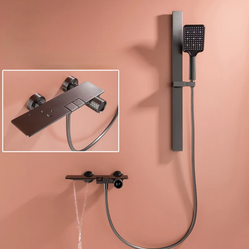 

Copper Digital Display Button Grey Shower System - Wall-mounted, Easy to Install, Waterfall Showerhead and Hot/Cold Controls