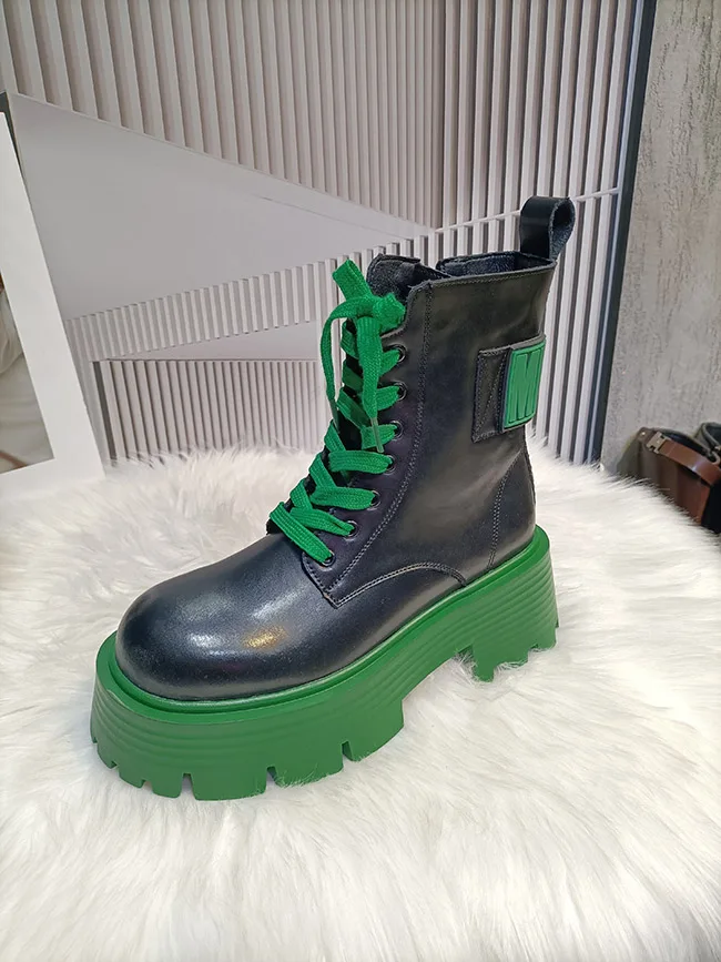 Spring Autumn Genuine Leather Short Boots Women's Lace-Up Round Toe Thick Soled Short Boots Ladies Fashion Pumps Casual Shoes